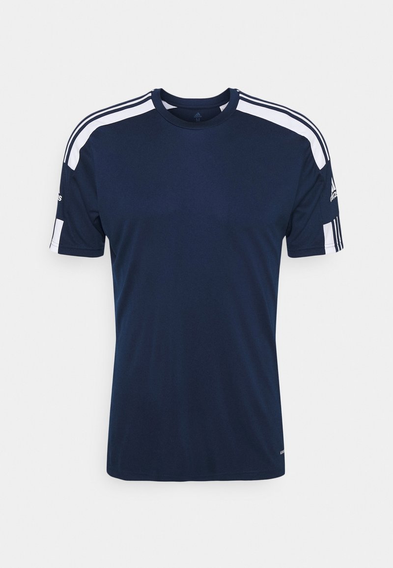 Tummansininen lyhythihainen urheilupaita, jossa on valkoiset raidat olkapäillä ja hihoissa, pyöreä kaula-aukko ja Adidas-logo hihoissa.