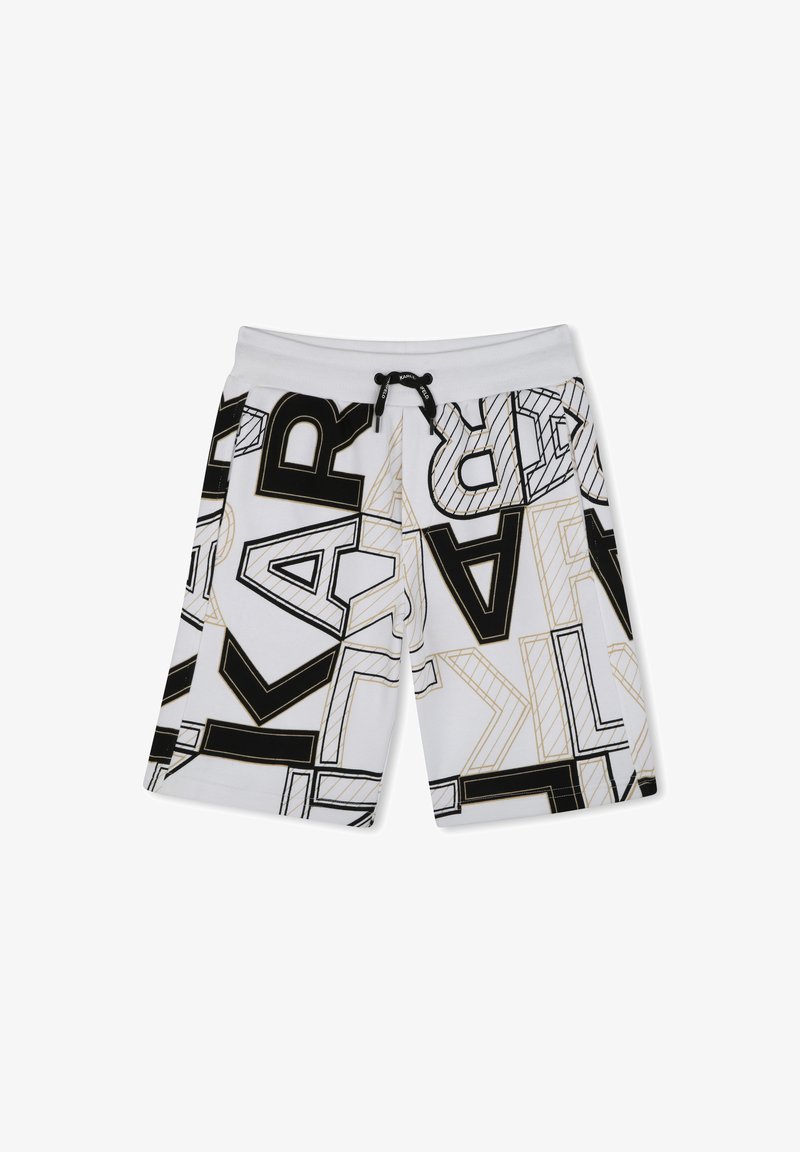 Shorts de bain blancs avec un design graphique mettant en avant des formes géométriques et des lettres noires et dorées. Ceinture ajustable avec cordon de serrage.