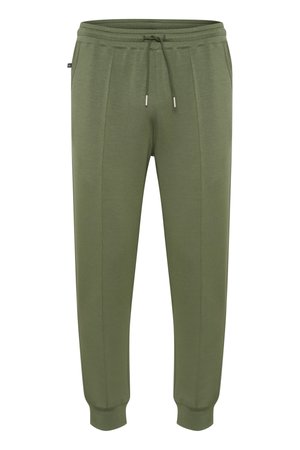 Alyvuogių žaliai mėgstami sportiniai kostiumai iš minkšto audinio, su raišteliu juosmuo, šoninėmis kišenėmis ir ribotais manžetais, užtikrinančiais patogų prigludimą.