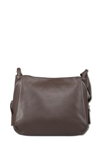 Braune strukturierte Leder-Schultertasche mit Reißverschlussdetails an den Seiten und verstellbarem Trageriemen vor weißem Hintergrund.
