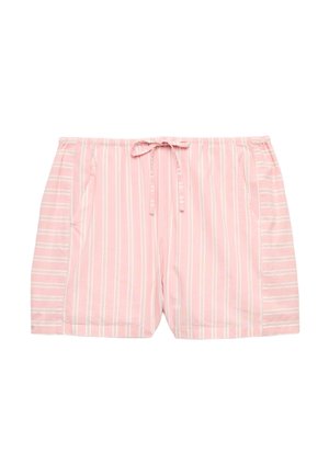 Rosa Shorts mit weißen und grauen vertikalen Streifen und einem vorderen Tunnelzugsverschluss, dargestellt vor weißem Hintergrund.