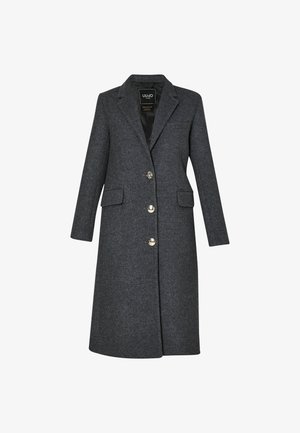 Cappotto di lana grigio con taglio dritto, rever a punta, tasche frontali e bottoni dorati lungo la parte anteriore. Interno completamente foderato.