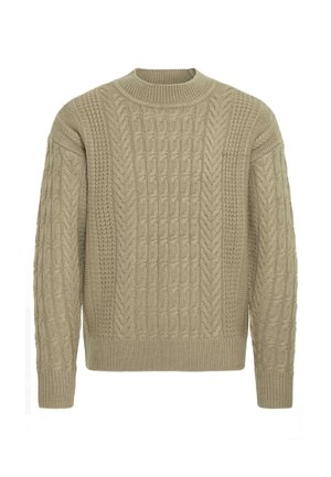 Beige knitted sweater featuring a textured cable pattern, round neckline, and ribbed hem and cuffs. This design has a relaxed fit.