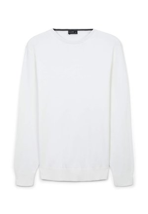 Pull en tricot blanc à manches longues, col rond et poignets côtelés. Texture lisse, design simple, sans motifs ni embellissements visibles.