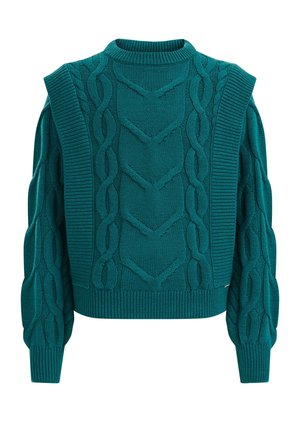 Niebieskozielony sweter w splot warkocza z bufkami na długich rękawach, wypukłymi plecionymi wzorami oraz prążkowanym, okrągłym dekoltem i dolnym brzegiem.