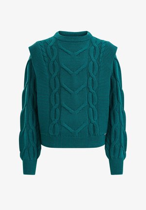 Niebieskozielony sweter w splot warkocza z bufkami na długich rękawach, wypukłymi plecionymi wzorami oraz prążkowanym, okrągłym dekoltem i dolnym brzegiem.