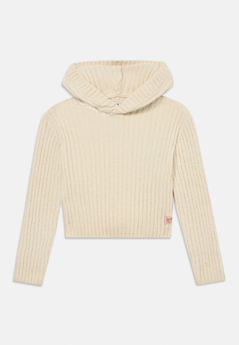 Cremfarbener, taillierter Hoodie mit gerippter Textur, ausgestattet mit einer großen Kapuze und langen Ärmeln. Kleine rote Tag-Akzent am Saum.