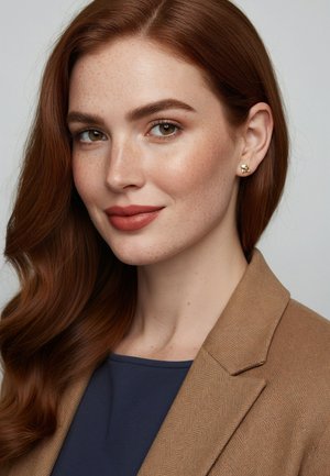 Modèle féminine aux longs cheveux ondulés châtain rouge, portant un blazer marron à chevrons sur une chemise bleu marine, et des boucles d'oreilles clous en or.