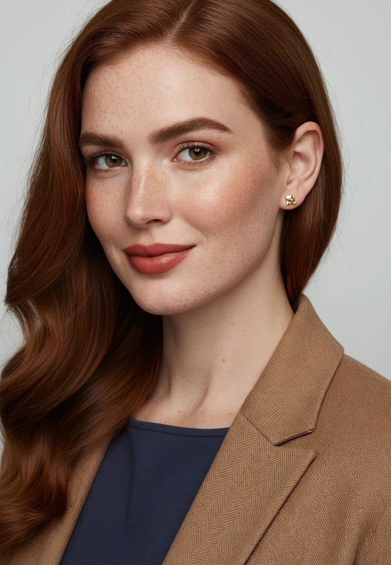 Kvinna med långt, vågigt rödbrunt hår, klädd i en brun fiskbensmönstrad kavaj över en marinblå skjorta och guldörhängen.