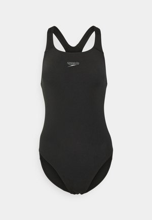 Černé jednodílné plavky s designem na zádech, vyrobené z hladkého materiálu. Na prsou je malé logo Speedo a plavky mají hladké švy.