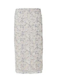 Jupe crayon blanche longueur genou avec broderies florales bleues et blanches et délicats motifs de vignes tourbillonnantes.