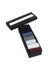 Set aus sechs gerollten Socken in einer schwarzen rechteckigen Box. Die Farben umfassen Navy, Grau, Hellblau, Weiß, Burgunderrot und Dunkelgrau. Weiche Textur.