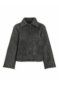 Pelēka teksturēta jaka, kas izgatavota no vilnas maisījuma, ar apkakles izgriezumu, melniem pogām un priekšējām kabatām ar kastveida siluetu.