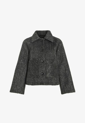 Pelēka teksturēta jaka, kas izgatavota no vilnas maisījuma, ar apkakles izgriezumu, melniem pogām un priekšējām kabatām ar kastveida siluetu.