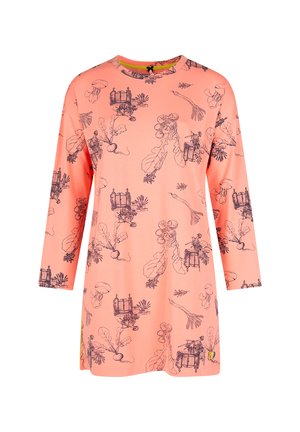 Long-sleeve pink dress with black line drawings of vegetables, plants, and garden gates in a repeated pattern.