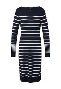 Marineblaues gestreiftes Kleid mit langen Ärmeln, aus weichem Stoff, mit horizontalen weißen Streifen und einem runden Ausschnitt.