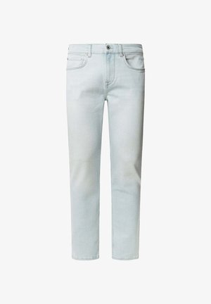 Gai zilas džinsus bikses ar taisnu kāju dizainu, pieciem kabatām un priekšējo pogu aizdari. Gluda tekstūra un minimāls noformējums.