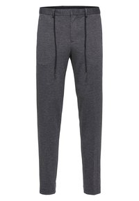 Szare spodnie dresowe z regulowanym sznurkiem w talii, o wąskim kroju i miękkiej fakturze. Posiadają boczne kieszenie i prostą, schludną wykończenie.