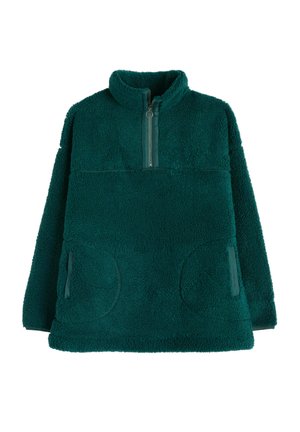 Teal groene fleece pullover met een halve rits aan de voorkant, hoge kraag, lange mouwen en twee ritszakken aan de zijkant.