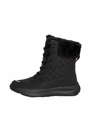 Bota de invierno negra con lados acolchados, cuello forrado de piel, cordones en la parte delantera y suela gruesa de goma diseñada para el frío y protección contra la nieve.