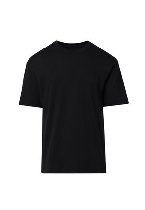 Prosty czarny t-shirt z krótkim rękawem i okrągłym dekoltem, o luźnym kroju na białym tle.