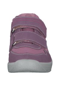 Pink footwear with a combination of smooth and textured fabric, secured by two wide Velcro straps, featuring a rounded toe and cushioned sole.