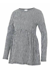 Długa, czarno-biała, kraciasta bluzka ciążowa z okrągłym dekoltem i marszczoną talią dla większego komfortu. Miękka tekstura materiału.