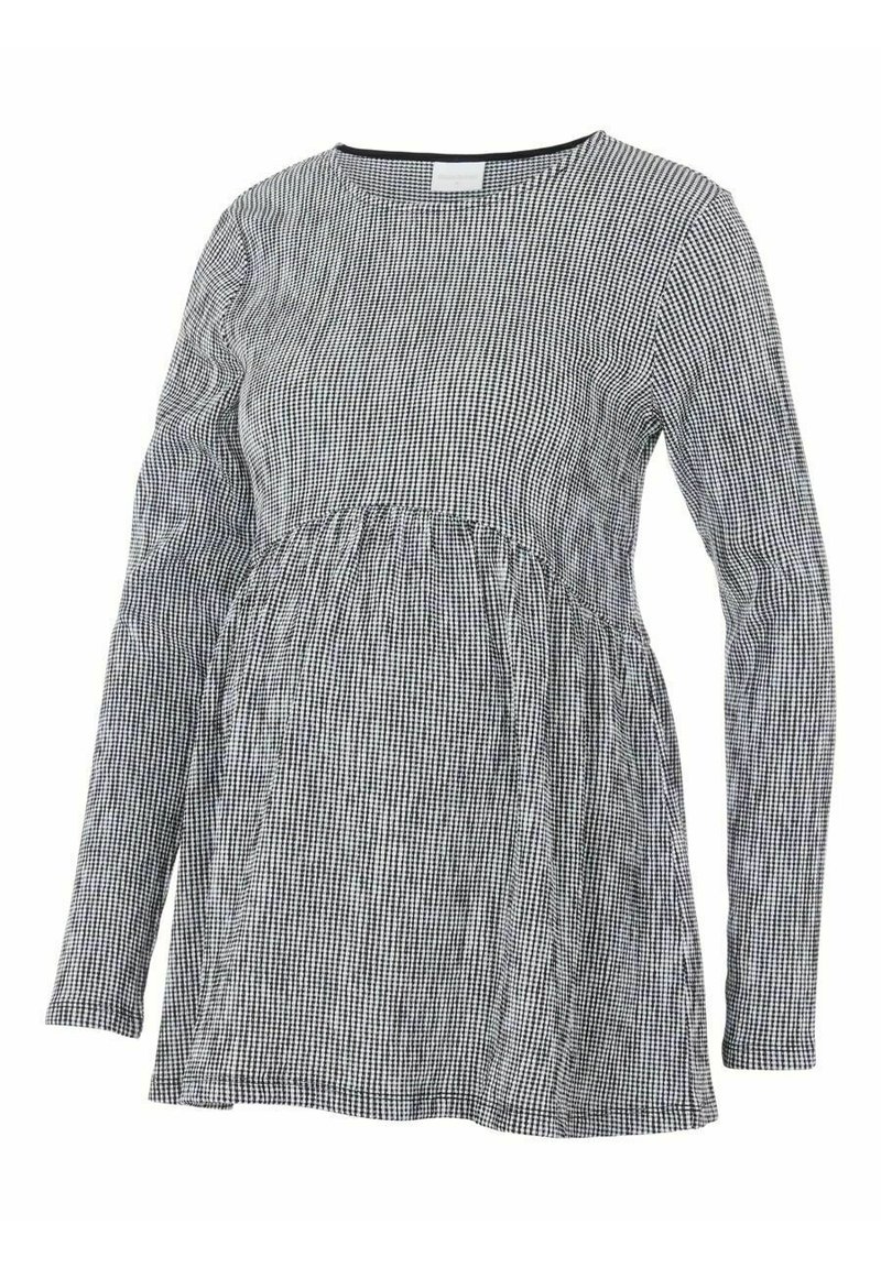Długa, czarno-biała, kraciasta bluzka ciążowa z okrągłym dekoltem i marszczoną talią dla większego komfortu. Miękka tekstura materiału.