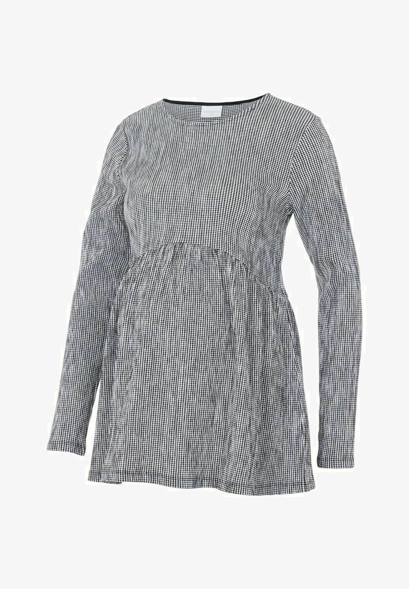Długa, czarno-biała, kraciasta bluzka ciążowa z okrągłym dekoltem i marszczoną talią dla większego komfortu. Miękka tekstura materiału.