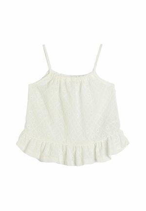 Haut sans manches blanc en tissu texturé, présentant de délicats motifs ajourés et un ourlet volanté. Bretelles spaghetti réglables incluses.