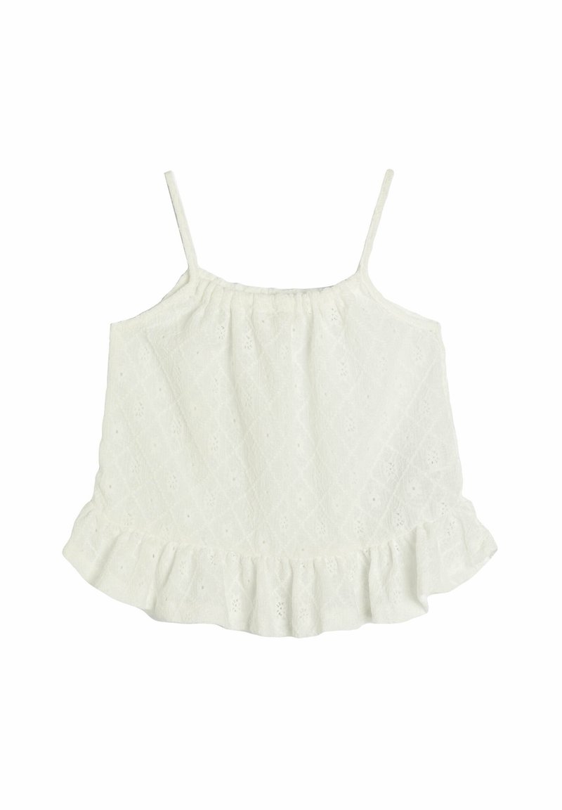 White sleeveless top made of textured fabric, featuring delicate eyelet patterns and a ruffled hem. Adjustable spaghetti straps included.