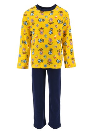 Yellow long-sleeve pajama top with cartoon prints, paired with navy blue pants. Soft fabric; relaxed fit. Accents include playful designs.