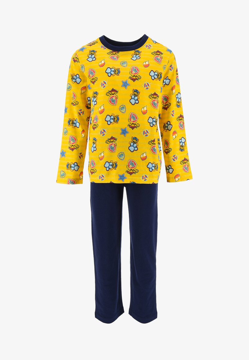 Camiseta de pijama de manga larga amarilla con estampados de dibujos animados, combinada con pantalones azul marino. Tejido suave; ajuste relajado. Los acentos incluyen diseños juguetones.