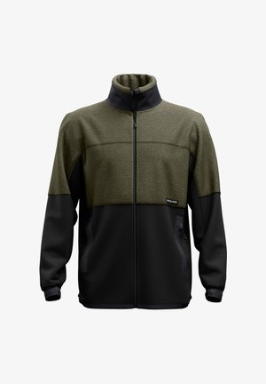 Fleece jacket featuring a green upper section and black lower section, with a zip closure and high collar design. Textured fabric on the shoulders.