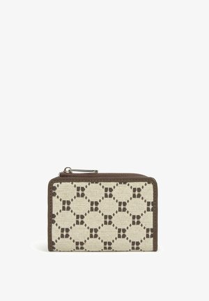 Small rectangular wallet with beige and dark brown geometric pattern, brown trim, and a zippered top closure.