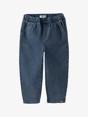 Pantaloni blu con motivo a spina di pesce, dalla texture morbida, vita elastica, tasche laterali e dettagli di cuciture visibili.