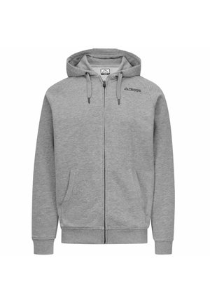 Felpa grigia con zip e cappuccio regolabile, due tasche frontali e polsini a coste. Presenta il logo Kappa sul petto. Materiale in misto cotone.