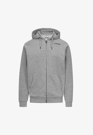 Felpa grigia con zip e cappuccio regolabile, due tasche frontali e polsini a coste. Presenta il logo Kappa sul petto. Materiale in misto cotone.