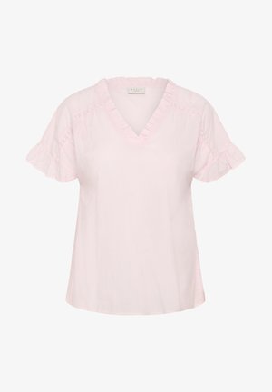 Blouse rose clair à manches courtes avec décolleté en V, bordure à volants sur le col et les manches, et détails subtils en dentelle sur les épaules et le haut des manches.