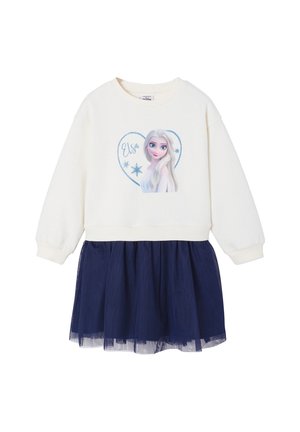 Haut blanc à manches longues avec un motif Elsa et un cœur bleu, associé à une jupe en tulle bleu marine attachée comme une robe pour filles.