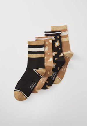 Set aus vier Socken in Schwarz mit goldenen Streifen, Braun mit Punkten und einfarbigem Braun; alle haben ein weiches, strukturiertes Finish und goldene Akzente.