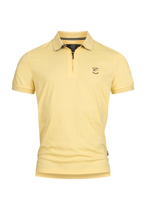 Polo shirt amarillo claro hecho de algodón, con color, mangas cortas, y un logo en el pecho con una tapeta en contraste.