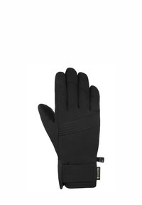 Schwarze Handschuhe aus strukturiertem Stoff mit einem geschwungenen Design. Merkmale sind ein Klettverschlussriemen und ein Logo-Detail, geeignet für kaltes Wetter.