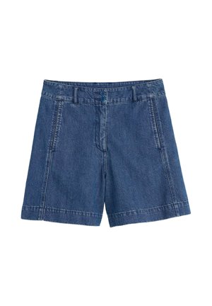 Krótkie spodenki dżinsowe z wysokim stanem, dwoma guzikami, szlufkami na pasek i bocznymi kieszeniami, prezentowane na białym tle.