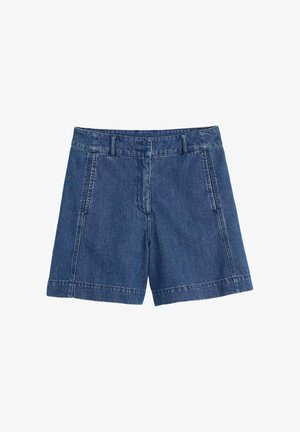 Shorts in denim a vita alta, con due bottoni, passanti per cintura e tasche laterali, mostrati su uno sfondo bianco.