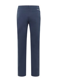 Pantaloni blu navy con design a gamba dritta, caratterizzati da una texture liscia, una vita piatta e un dettaglio sulla tasca posteriore.