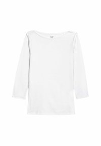 White long-sleeve t-shirt with a wide, rounded neckline and fitted body. Features straight, unembellished hem and soft, smooth texture.