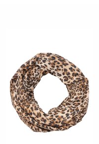 Écharpe infinie à imprimé léopard réalisée dans un tissu doux à la texture lisse, principalement beige avec des taches marron et noires partout.