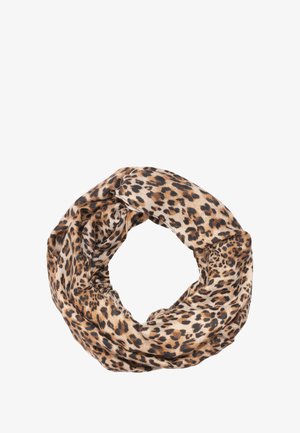 Endlosschal mit Leopardenmuster, gefertigt aus einem weichen Stoff mit glatter Textur, überwiegend beige mit braunen und schwarzen Flecken.