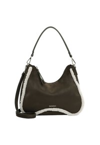 Dark green leather handbag with a soft white shearling trim, curved shape, short handle, and detachable shoulder strap. Silver hardware accents.